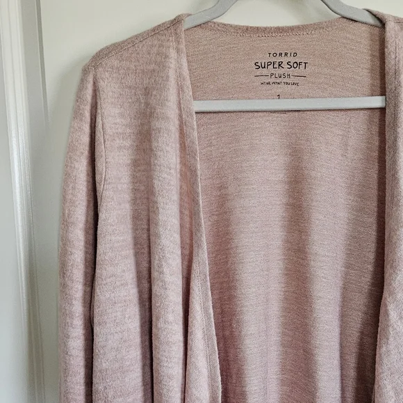 Torrid Super Soft Plush Heather Pink Open Front Draped Cardigan Sweater Size 1X - Picture 3 of 9